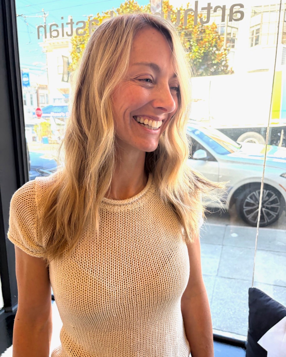 Client with soft, low-maintenance California blonde